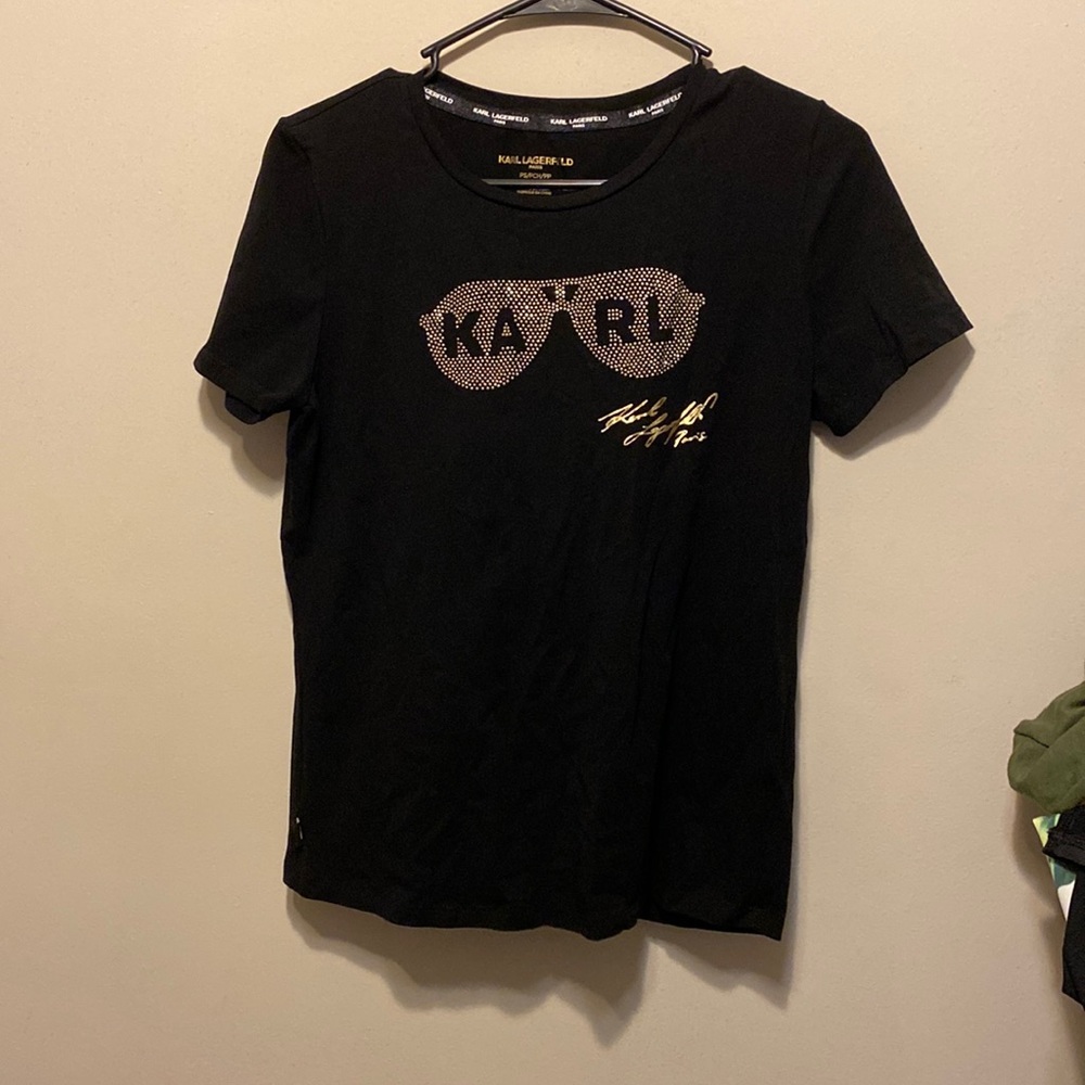 Black Karl Lagerfield Gold Sunglasses Short Sleeve Top